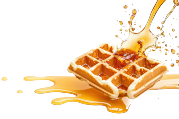 Flying waffle splashing into syrup with a dynamic action capturing the delightful moment of breakfast joy isolated on white background