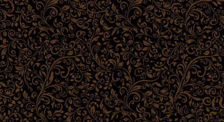 Elegant Dark Brown Floral Damask Pattern Seamless Vector Background Texture