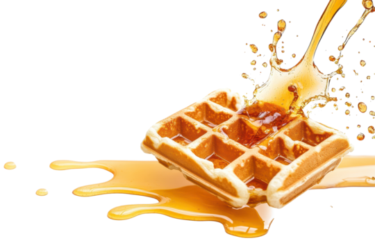 Flying waffle splashing into syrup with a dynamic action capturing the delightful moment of breakfast joy isolated on white background