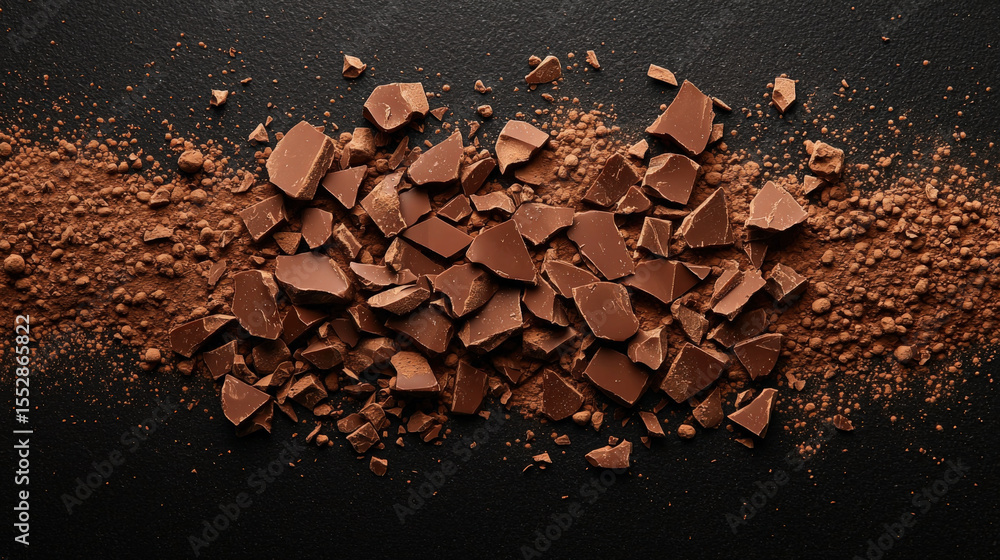 Poster close up of broken dark chocolate pieces and cocoa powder on textured black surface, creating rich a