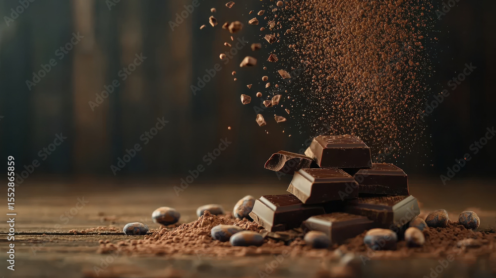 Aufkleber close up shot of dark chocolate pieces with cocoa powder and cocoa beans on wooden surface, creating