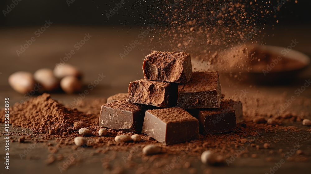Poster stack of dark chocolate pieces dusted with cocoa powder sits on wooden surface, surrounded by cocoa 