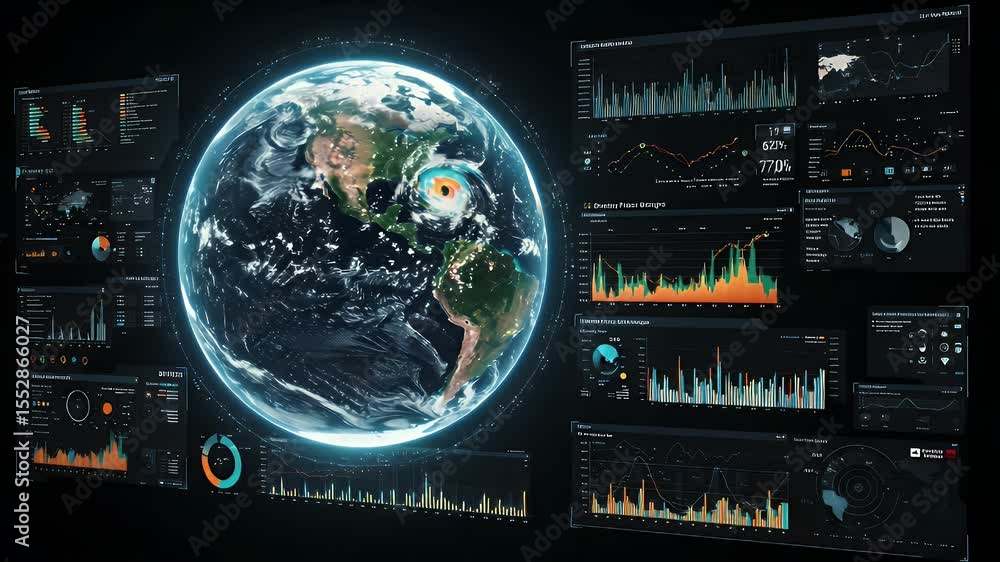Poster global data visualization, displaying earth with hurricane and numerous charts and graphs