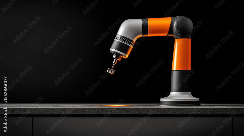 Poster Robotic engineering arm with orange and black design is positioned on sleek surface, showcasing advanced technology and precision. arm is equipped with tool for intricate tasks