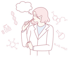 An illustration shows a woman scientist in thought, surrounded by lab symbols and equipment from her research