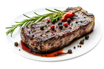 Grilled steak on a white dish garnished with sauce pep x and fresh herbs displayed in an elegant presentation
