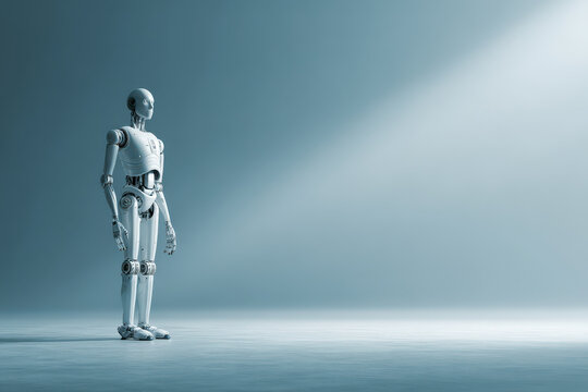 large futuristic robot standing prominently on clean background