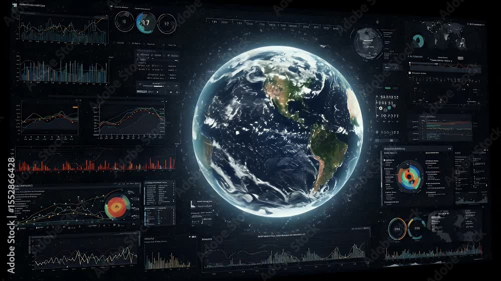 Aufkleber global data visualization on a dark screen with a central image of earth, surrounded by numerous cha