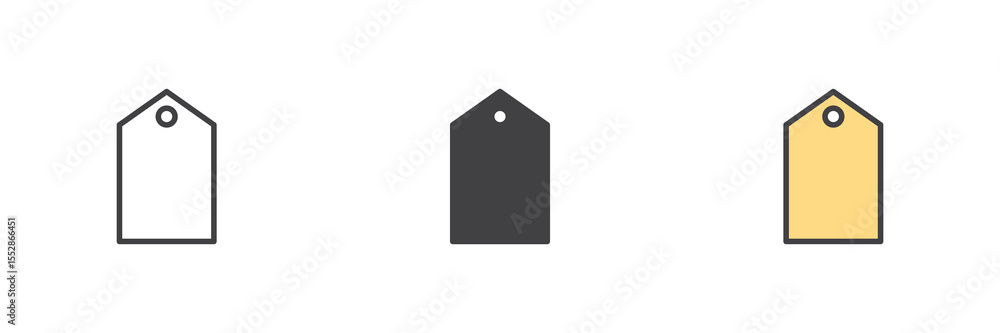 Poster tag label icon set in line, solid and filled outline style