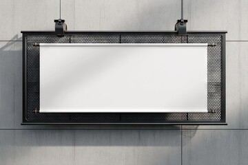 Blank rectangular banner hangs from black metal frame on a textured gray wall, cast with shadows