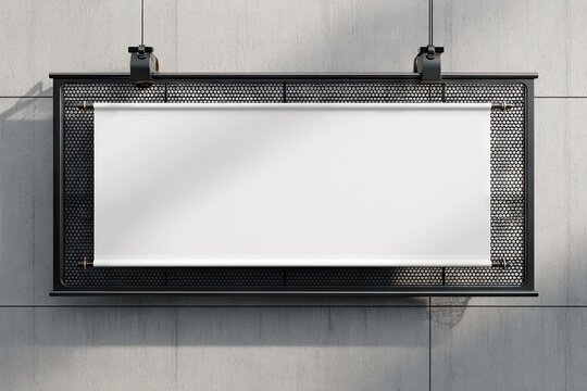 Blank rectangular banner hangs from black metal frame on a textured gray wall, cast with shadows