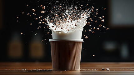 Dramatic splash of milk erupts from cup of coffee, sending coffee beans flying in dynamic display. scene captures energy and motion of moment