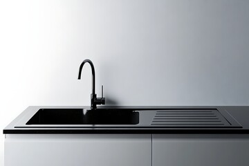 Modern kitchen sink with black countertop, matte faucet, and white cabinetry. Clean, minimalist aesthetic
