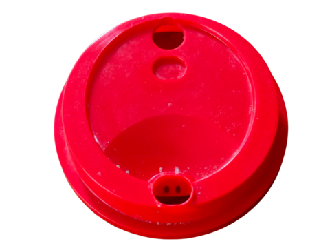 A red plastic lid designed for disposable hot beverage cups, featuring a sip hole and ventilation openings