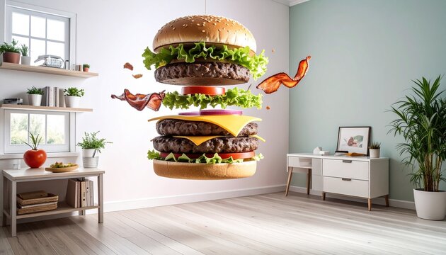 hamburguesa levitando, con los ingredientes perfectamente separados en capas flotantes