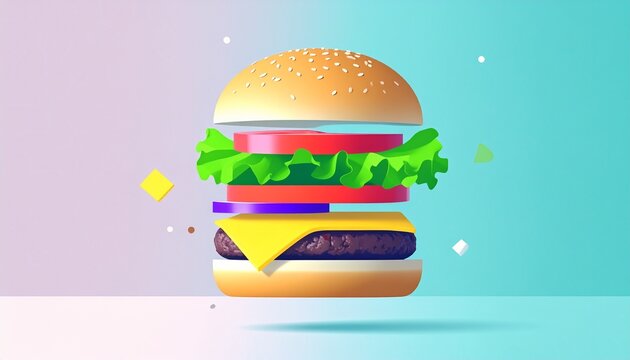 hamburguesa levitando, con los ingredientes perfectamente separados en capas flotantes
