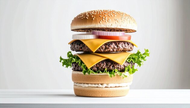 hamburguesa levitando, con los ingredientes perfectamente separados en capas flotantes