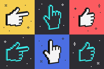 Set of 3d hand gesture signs. Isometric 8 bit pointing hands. Volumetric geometric hands with thumbs up. Voxel cursor. Cyber symbols in y2k futuristic design.