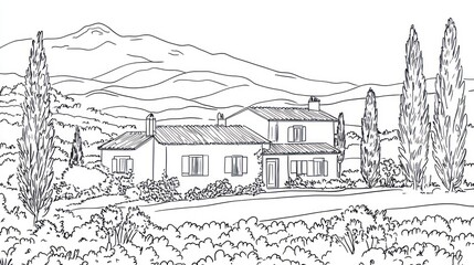 Fototapeta premium Pen sketch of a house in a valley with cypress trees and a mountain view
