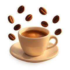 Aromatic Brew and Bean: A close-up shot of a creamy coffee cup surrounded by floating coffee beans on a pristine surface.
