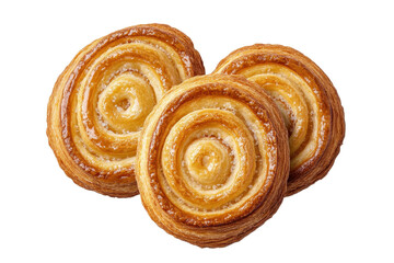 Fototapeta premium Golden pastry spirals showcasing flaky layers and a rich buttery aroma, perfect for breakfast or dessert, isolated on a transparent background