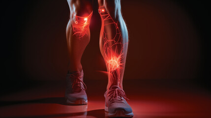 Image depicts person legs with focus on knee area, highlighted by intense red illumination, suggesting pain or injury. glowing lines and nodes indicate medical or technological theme