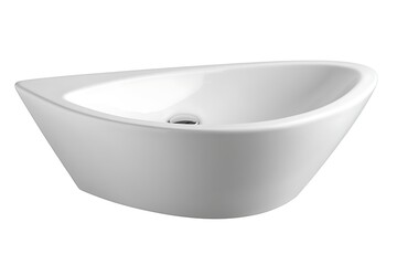 White porcelain vessel sink with a unique asymmetrical shape. Glossy finish, modern design