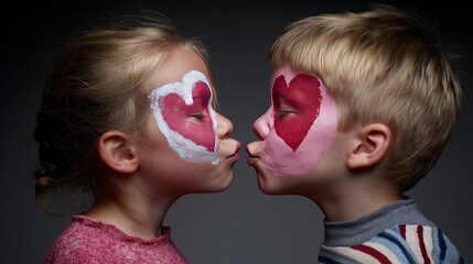 Two Children with Heart - Shaped Face Paint Kissing against a Dark Background