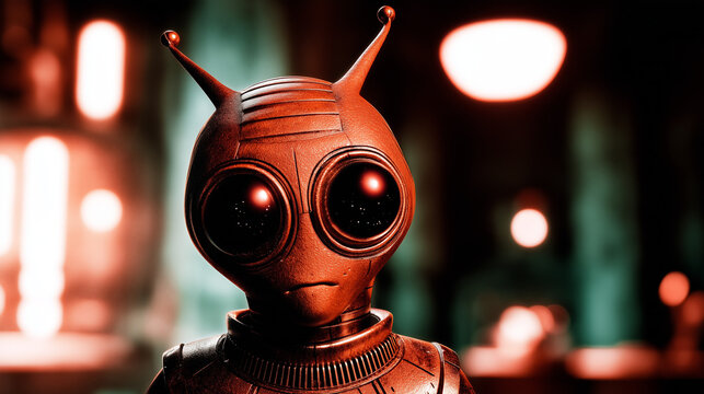 Futuristic red robot alien with large eyes and antennas stands in a glowing, atmospheric sci fi interior background.