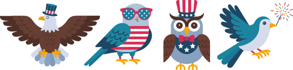 Patriotic bird icon set. Bald eagle, owl, dove, and pigeon wearing red white blue accessories for American freedom celebration  