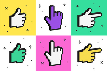 Set of 3d hand gesture signs. Isometric 8 bit pointing hands. Volumetric geometric hands with thumbs up. Voxel cursor. Cyber symbols in y2k futuristic design.