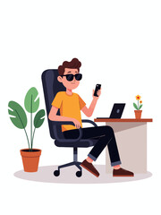 An office worker in black sunglasses is sitting in an office chair, holding a smartphone in his hand