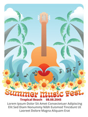 tropical island with sea waves and coconut tress and accoustic guitar. accoustic music festival concert flyer template vector illustration