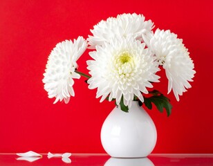 Decorative white chrysanthemum flowers in a white vase on a red background