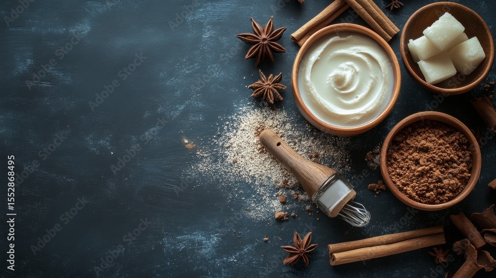 Poster dark dessert mood flat lay with cocoa cream spices and utensils on moody surface for food styling vi