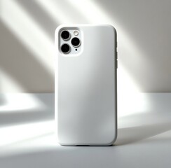 White smartphone case with triple camera lenses on minimal background
