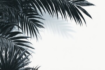Dark teal palm fronds and shadows frame a white background, creating a tropical, minimalist design