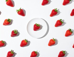 Summer creative pattern with strawberry on small plate on white background