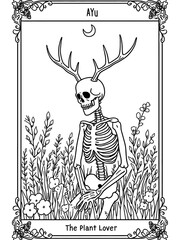 clean, simple tarot card illustration titled The Plant Lover line art of a skeleton sitting in a field of blooming flowers and herbs