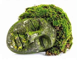 Green Moss Covered Sleeping Stone Face Sculpture on white 
