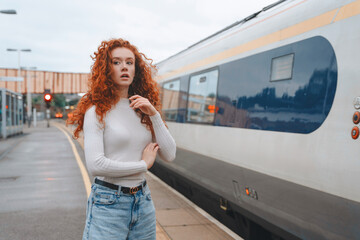 Curly haired woman waits at train station under overcast sky, anticipating arrival of train during...