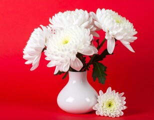 Decorative white chrysanthemum flowers in a white vase on a red background