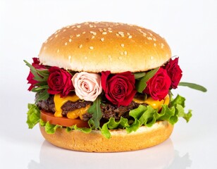 An imaginative burger filled with colorful roses and foliage, substituting traditional ingredients isolated  on white background