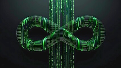 Green Digital Infinity Symbol with Matrix Code on Dark Background