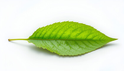 Obraz premium A single green leaf with serrated edges and prominent veins isolated on a white background close up shot .
