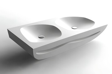 Modern, minimalist, white double sink with sleek, wave-like base. Clean lines, floating effect