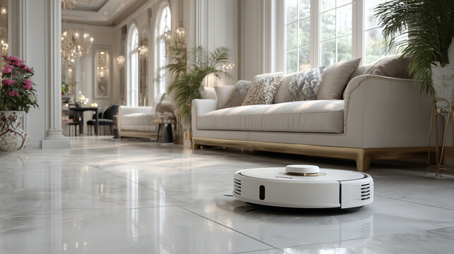 A robot cleaner is cleaning on the white floor in the room.
