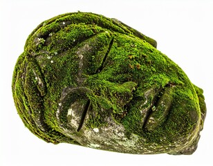 Green Moss Covered Sleeping Stone Face Sculpture on white background