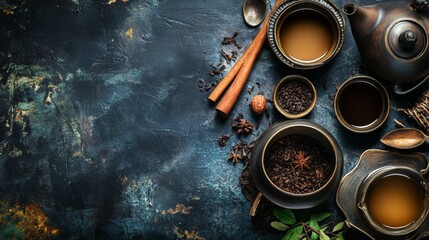 Dark moody food scene with tea cups spices and star anise for drink recipe and visuals