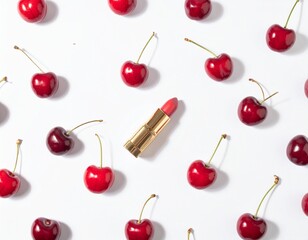 Summer creative pattern with bright red cherries and golden lipstick on white